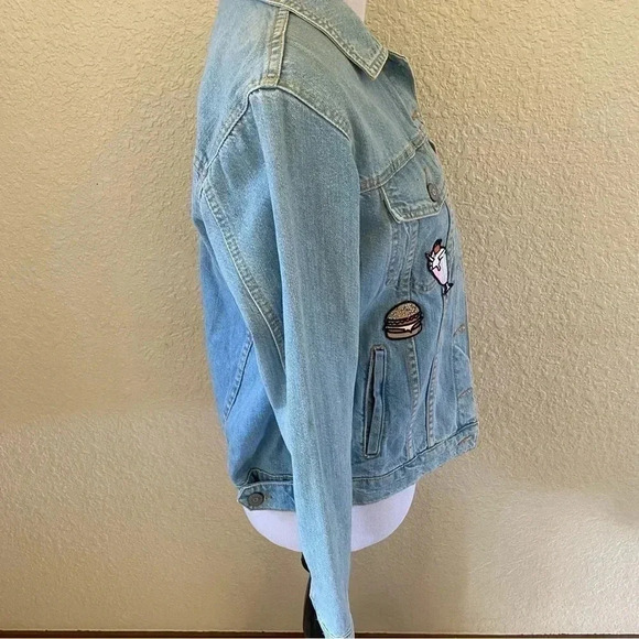 Bershka Denim Jean Jacket Vintage Inspired Style Patches Cactus Watermelon: XS - Picture 5 of 12